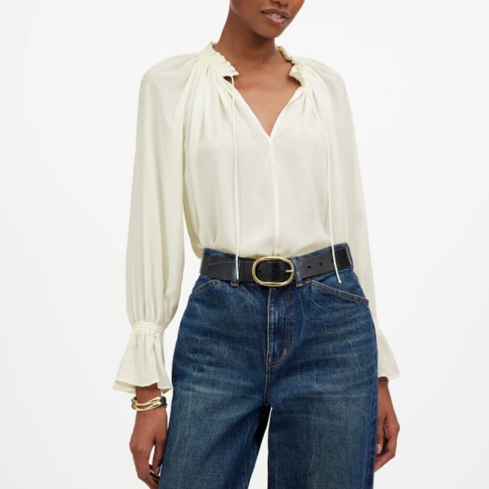 Madewell Womens White Long-Sleeve Tie-Neck Top- NEVER WORN